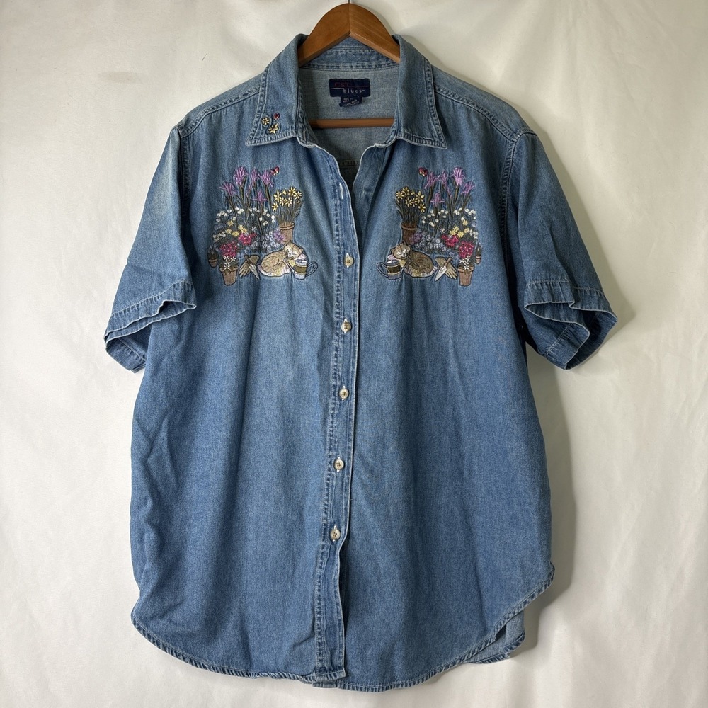 Vintage CST Blues Button Up Denim Top Size 20 Floral Cottagecore Gardening Cats
